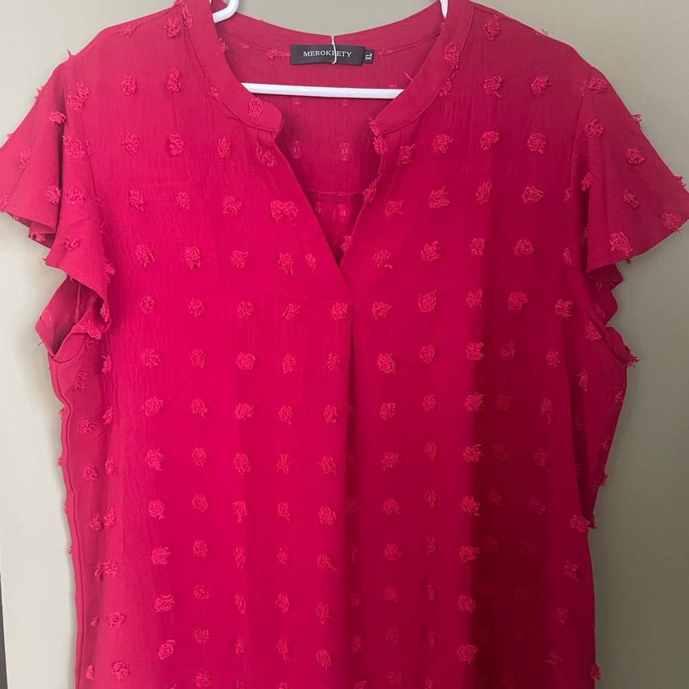 meerokeety women V neck short sleeve Swiss dot flowy shirt tunic XL Color red